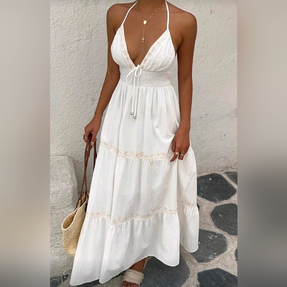 New Boho Embroidered Tie Halter Tiered Maxi Dress White Tan - Picture 8 of 11
